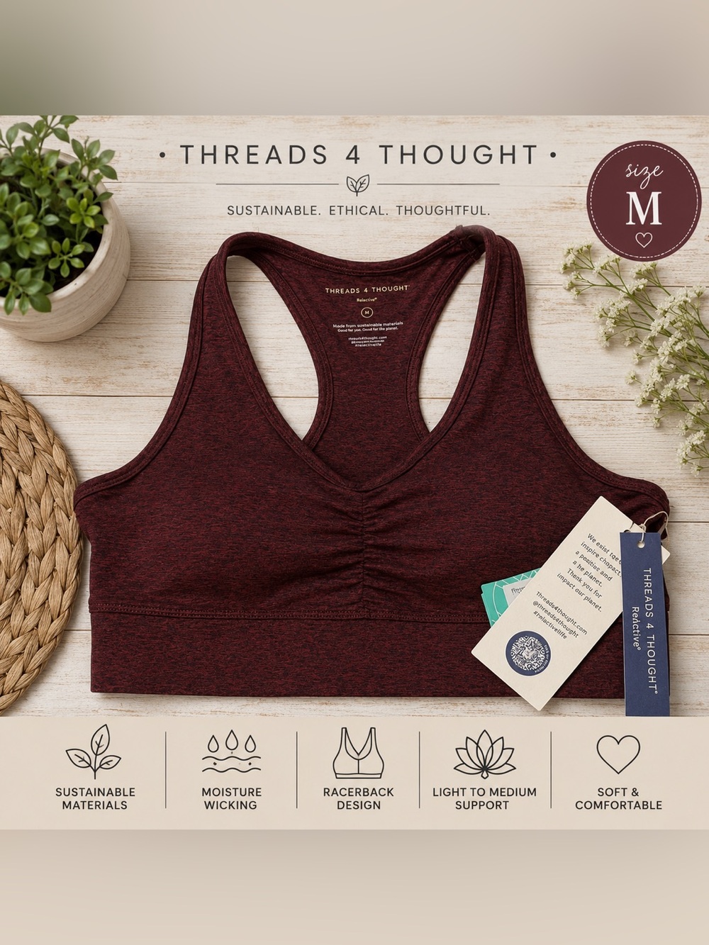 Threads 4 Thought | Burgundy Heather Racerback Sports Bra Size Medium